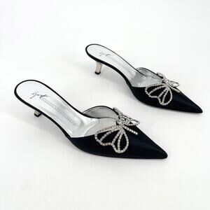 NWOB Giuseppe Zanotti Black Crystal Butterfly Pointed Toe Kitten Heel Mule 7.5